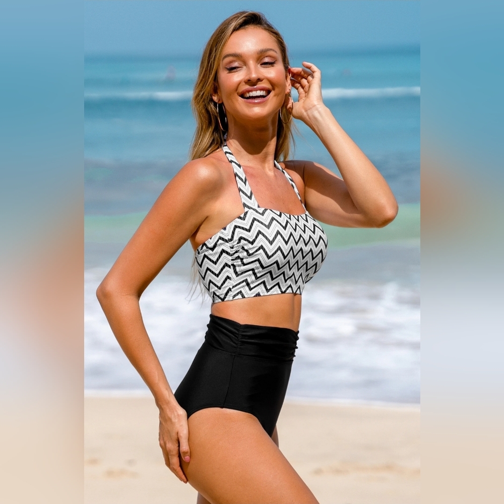 NWT Cupshe Black & White Geometric Halter Bikini With Tummy Contouring, Large